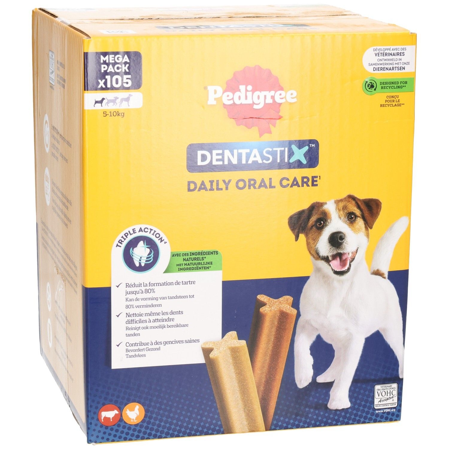 Pedigree Dentastix Mega Pack x105 pour chiens 5-10kg. Soin bucco-dentaire quotidien triple action.