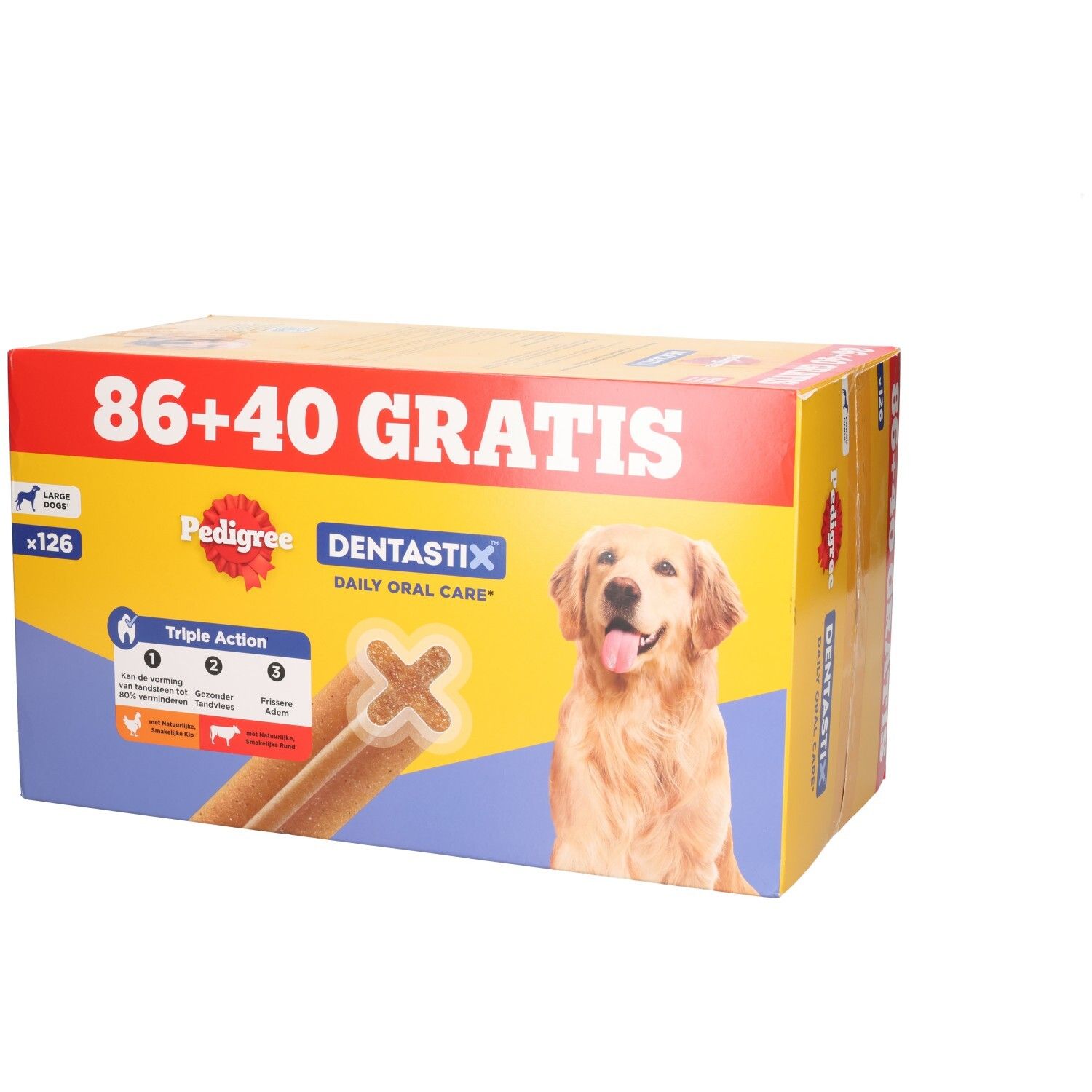 Pack de 86+40 Dentastix Pedigree pour chiens. Contient 126 bâtonnets. Offre spéciale.