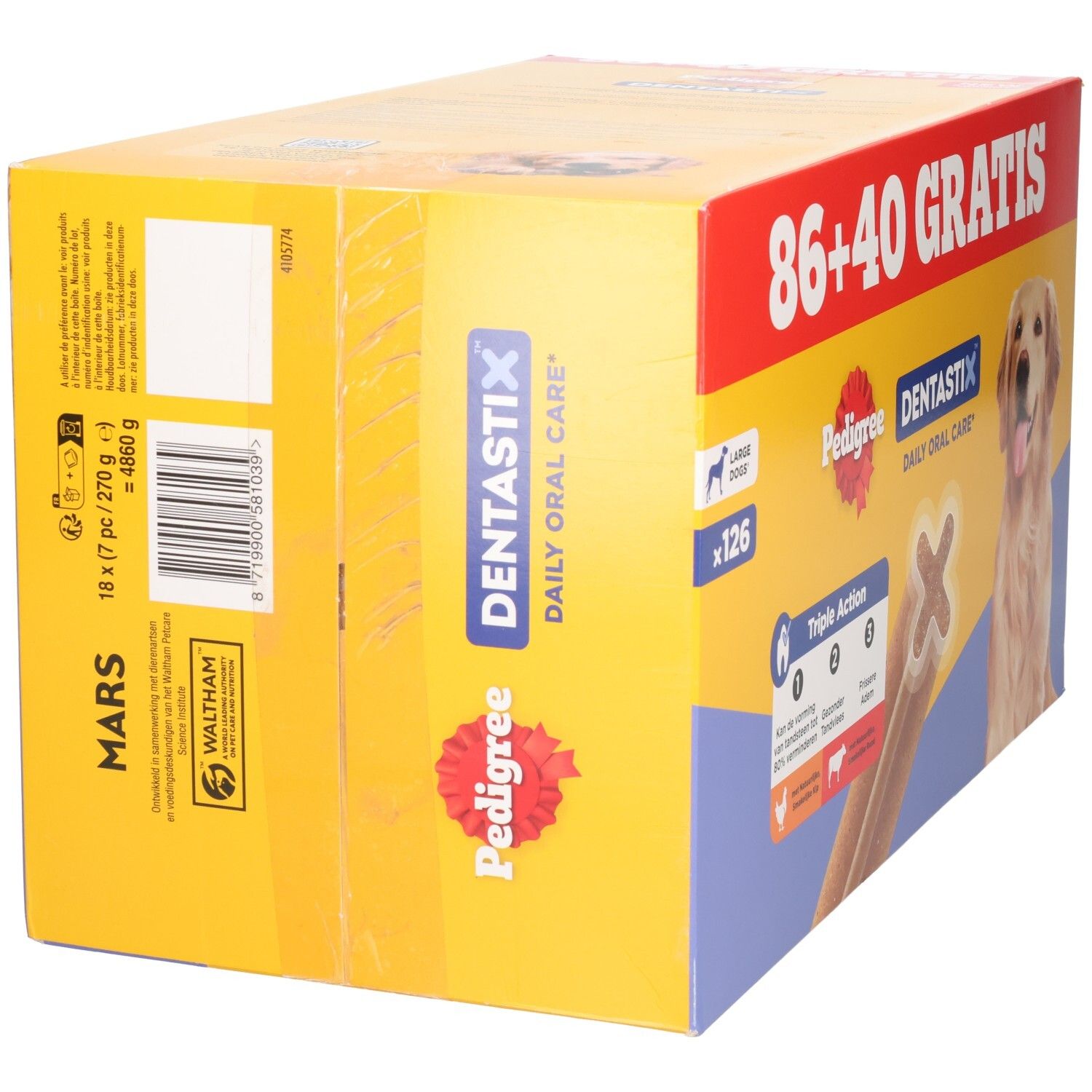 Vue latérale d'un pack Pedigree Dentastix. Contient 18x 7 pièces (270g).