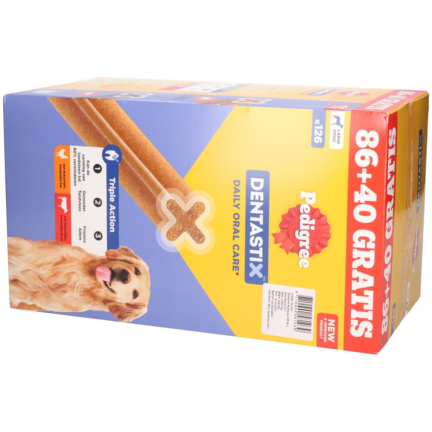 Pack Pedigree Dentastix 86+40 Gratis. Montre un chien et le produit.