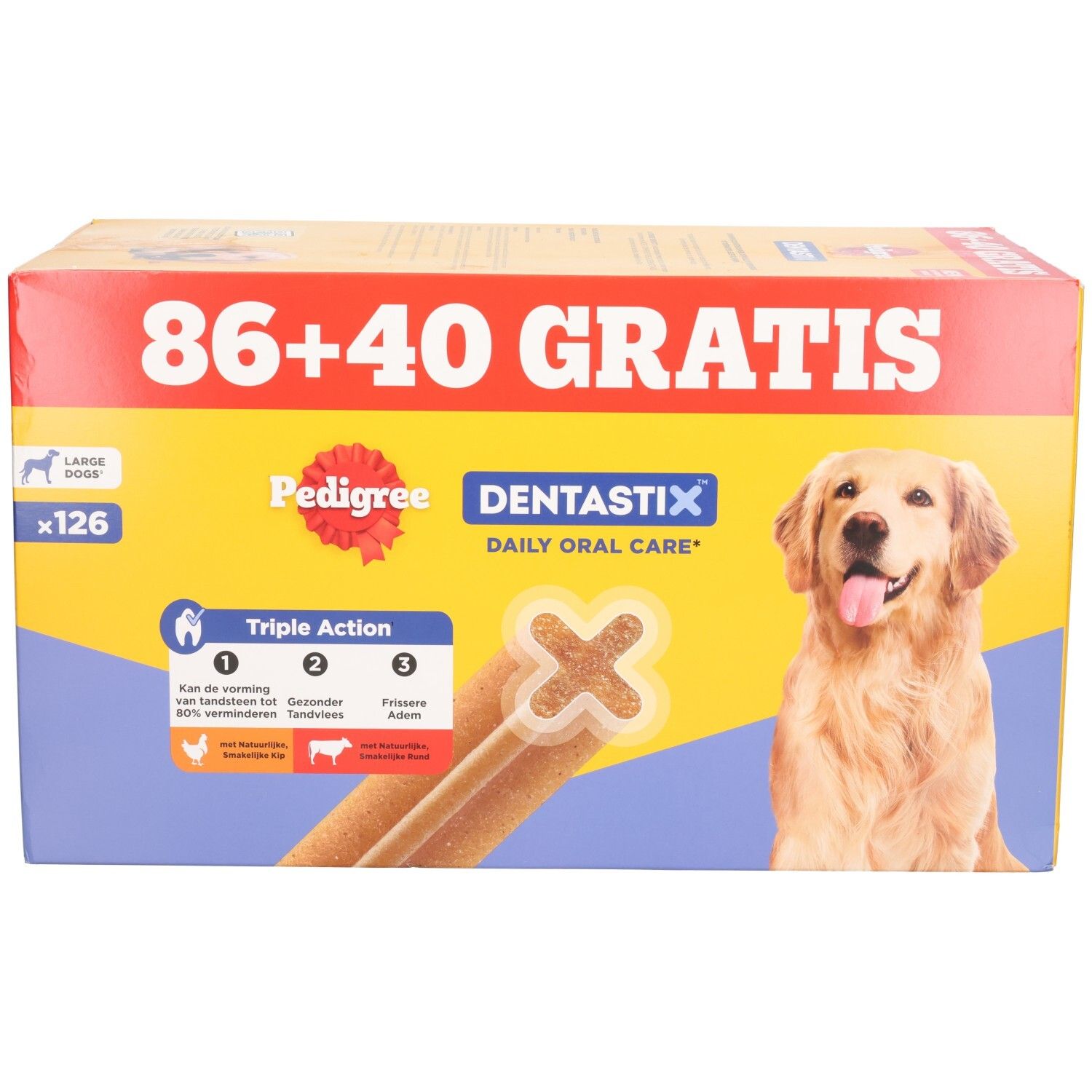 Pack Pedigree Dentastix 86+40 Gratis pour grands chiens. 126 bâtonnets.