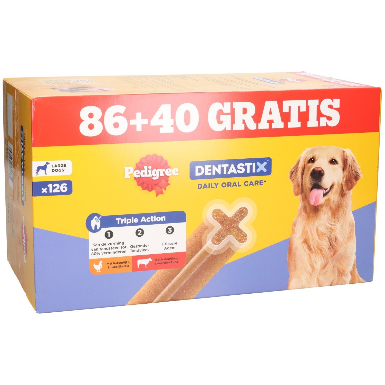 Pack Pedigree Dentastix 86+40 Gratis. Montre un chien et le produit.