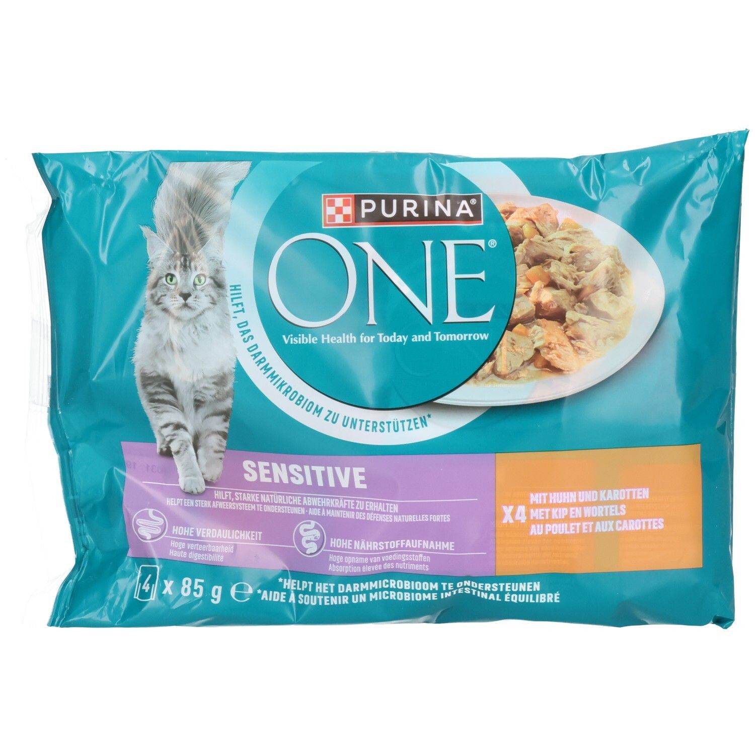 Nourriture pour chat Purina One Sensitive, 4x 85g sachets au poulet et carottes.