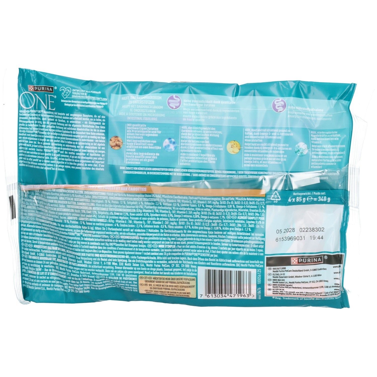 Dos de l'emballage de nourriture pour chat Purina One Sensitive avec informations nutritionnelles.