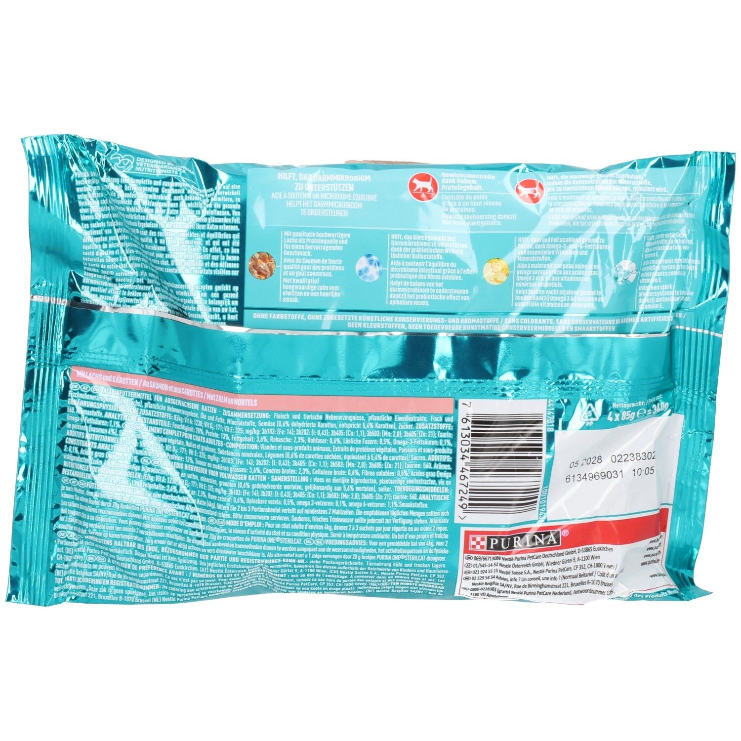 Arrière d'un sachet de Purina ONE Hydralife aliment complémentaire. 6x 50g.