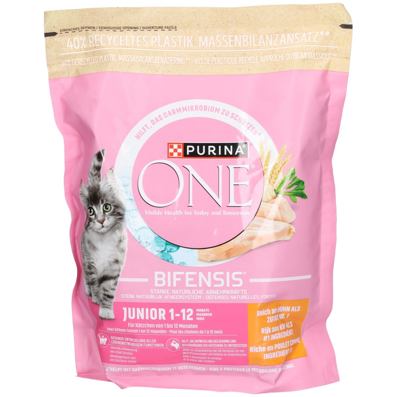 Nourriture pour chaton Purina ONE Junior avec Bifensis, 1-12 mois, dans un emballage rose avec illustration de chaton.