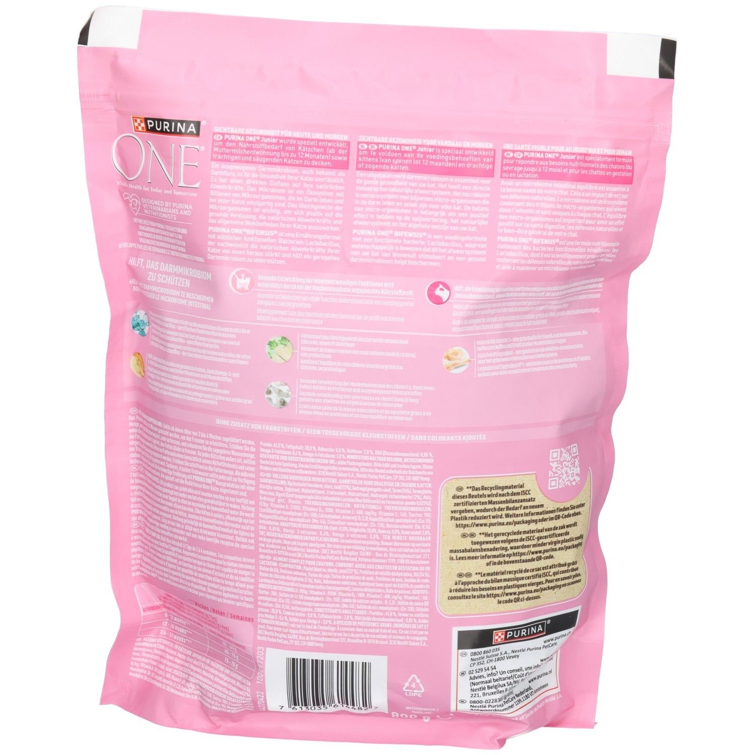 Arrière de l'emballage rose de nourriture pour chaton Purina ONE Junior avec informations détaillées et code-barres.