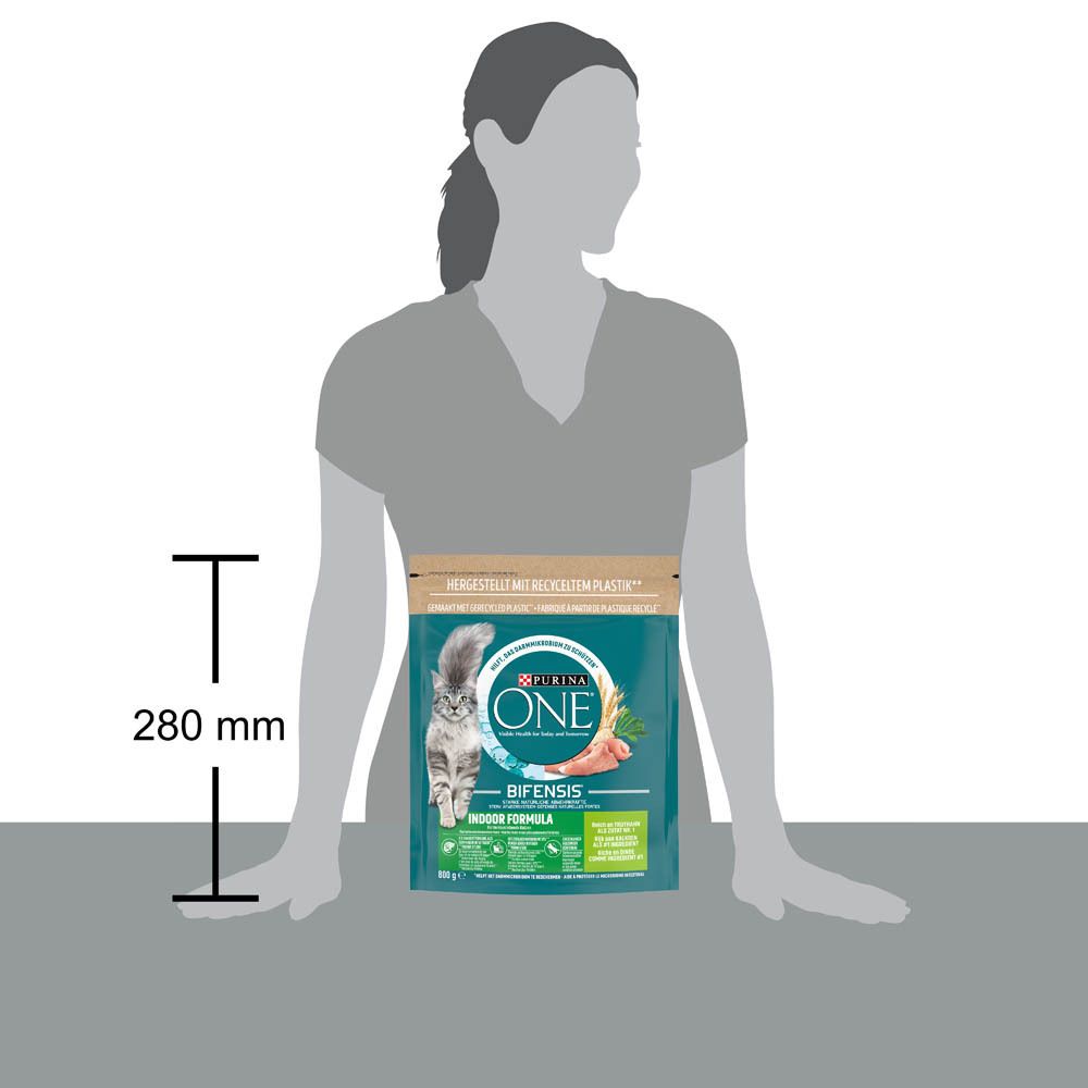 Croquettes Purina One pour chat, sachet de 800g au poulet et céréales complètes. Face avant avec chat et informations produit. Hauteur 280 mm.