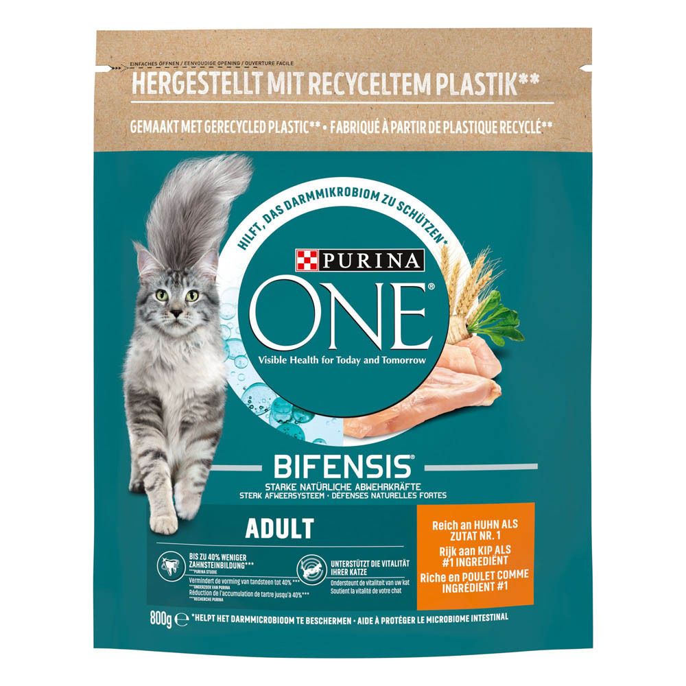 Sachet de croquettes Purina ONE Adulte Poulet avec motif de chat et de poulet.