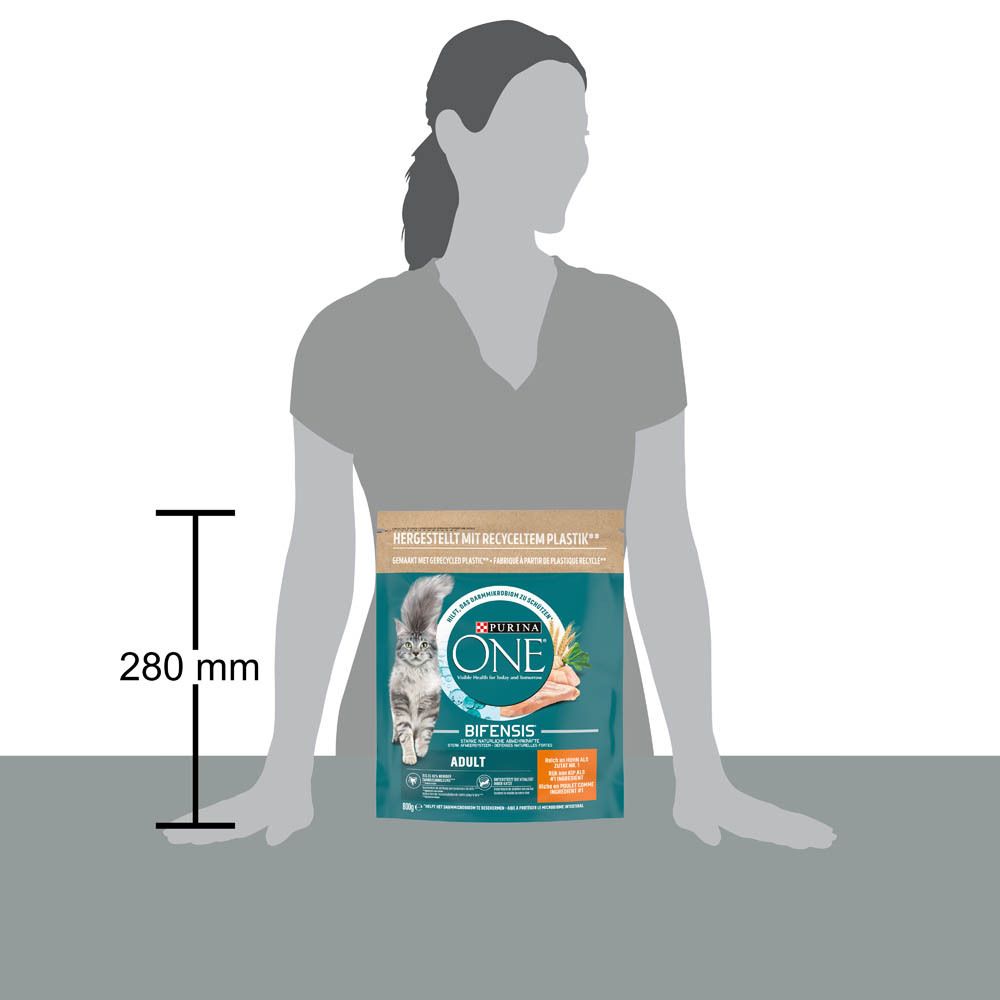 Sachet de croquettes Purina ONE Adulte Poulet (280 mm de haut) à côté d'une personne.