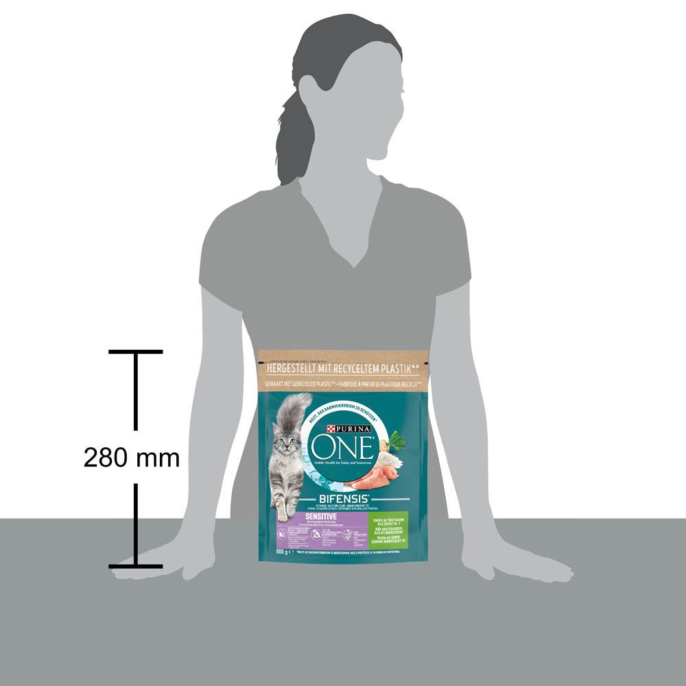 Comparaison de taille d'un sac de croquettes pour chat Purina ONE BIFENSIS Sensitive (280 mm de haut) à côté d'une personne.