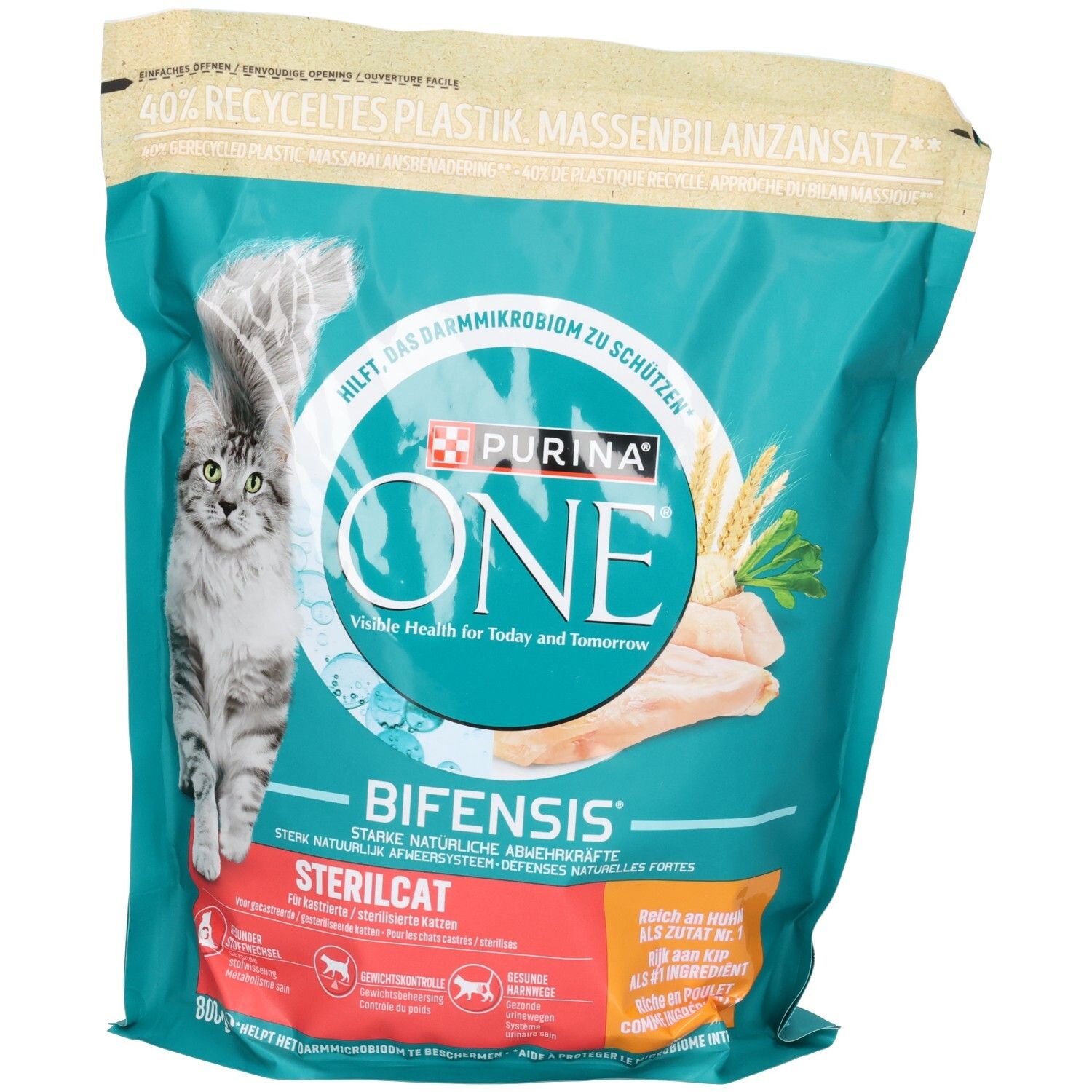 Sac d'aliments Purina One Sterilcat Bifensis avec chat et poulet.