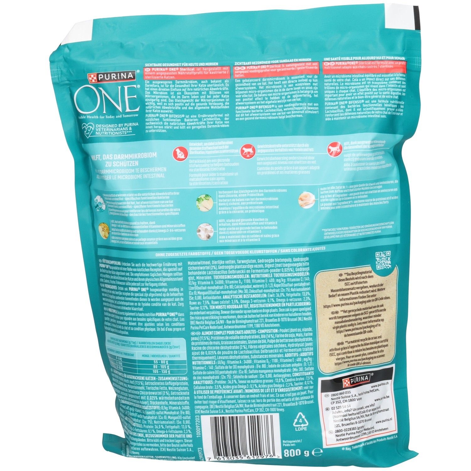 Arrière d'un sac d'aliments Purina One Sterilcat Bifensis avec informations nutritionnelles.