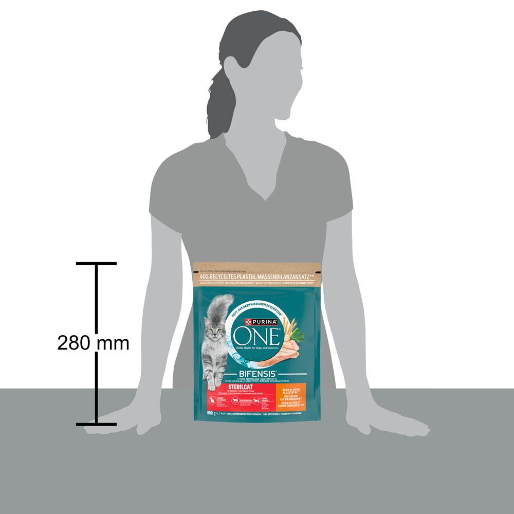 Purina One Sterilcat nourriture sèche pour chats, sachet de 800g. Hauteur 280mm.