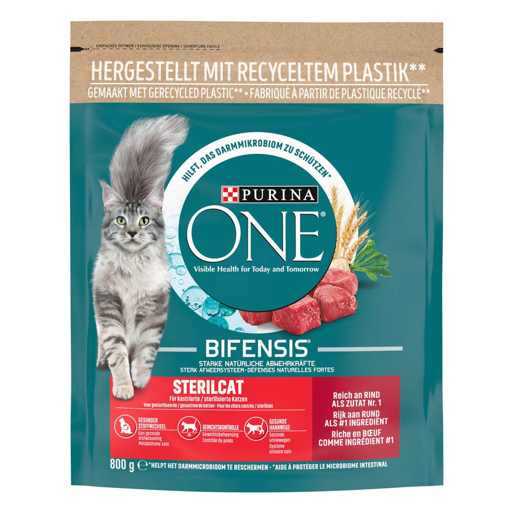 Sachet de croquettes Purina One Sterilcat pour chats, saveur bœuf.
