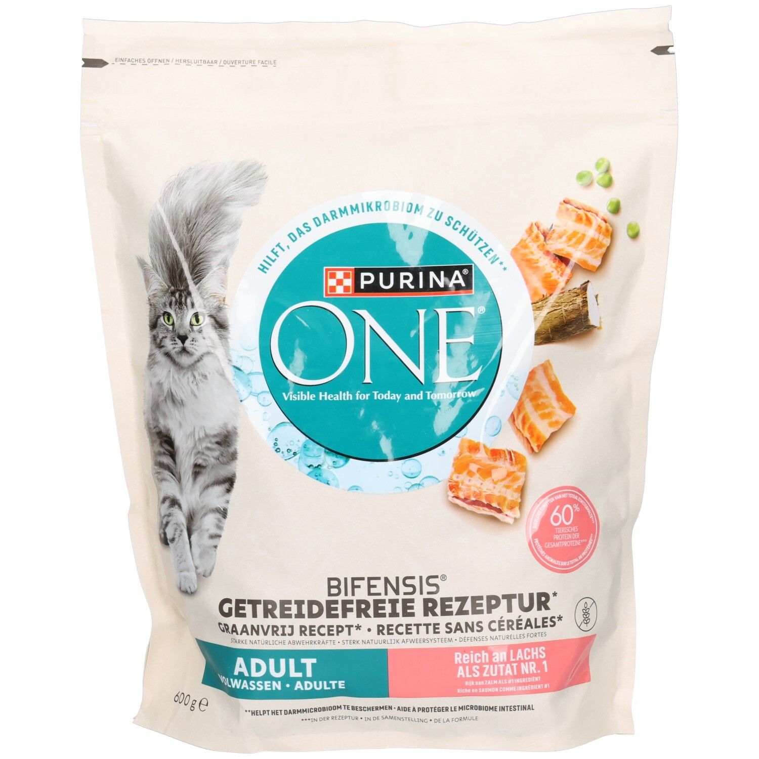 Nourriture pour chat Purina ONE BIFENSIS Adulte, recette sans céréales au saumon.