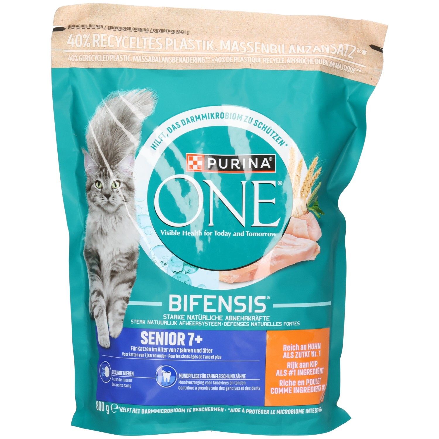 Sachet de 800g de croquettes Purina ONE Bifensis Senior 7+ pour chats.