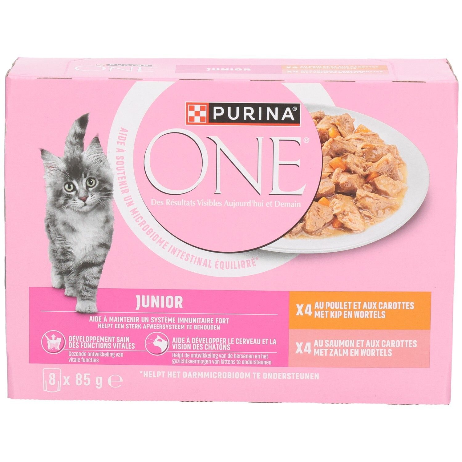 Nourriture pour chatons Purina One Junior, pack de 8x 85g au poulet et carottes ou saumon et carottes, vue de face.