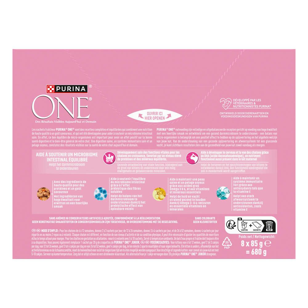 Arrière d'une boîte Purina One Junior pour chat, rose avec informations produit et illustrations.
