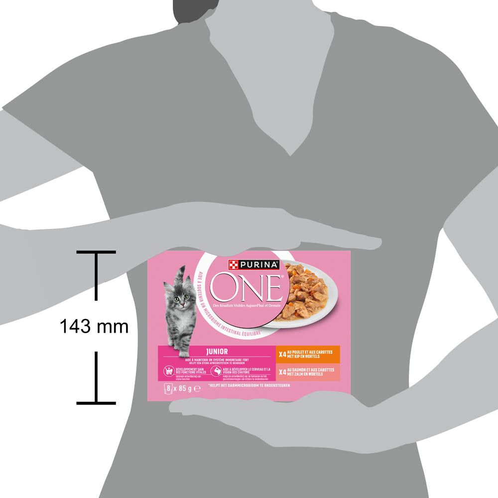 Boîte de nourriture pour chaton Purina One Junior avec illustration de chaton et photo de nourriture. Dimensions : 143 mm.