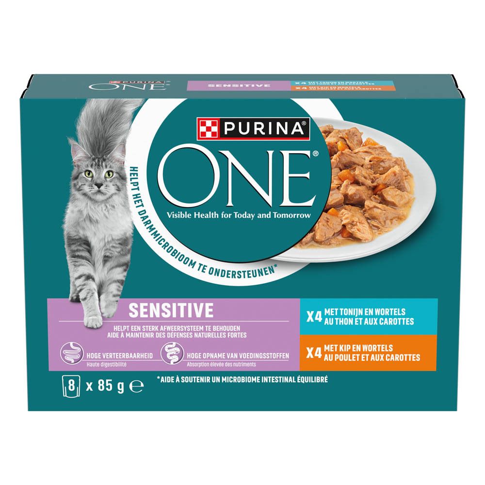 Boîte Purina ONE Sensitive pour chats, vue latérale. 8x 85g.
