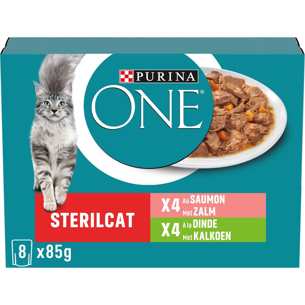 Pack nourriture chat Purina ONE Sterilcat, 8 x 85g, Saumon & Dinde.