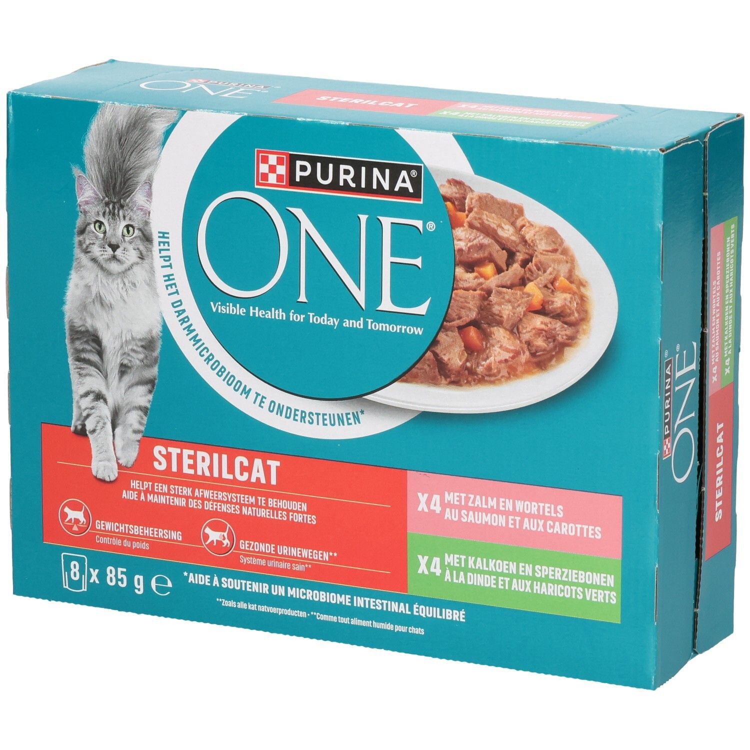 Boîte Purina ONE Sterilcat pour chats, 8 sachets de 85g, Saumon & Carottes.