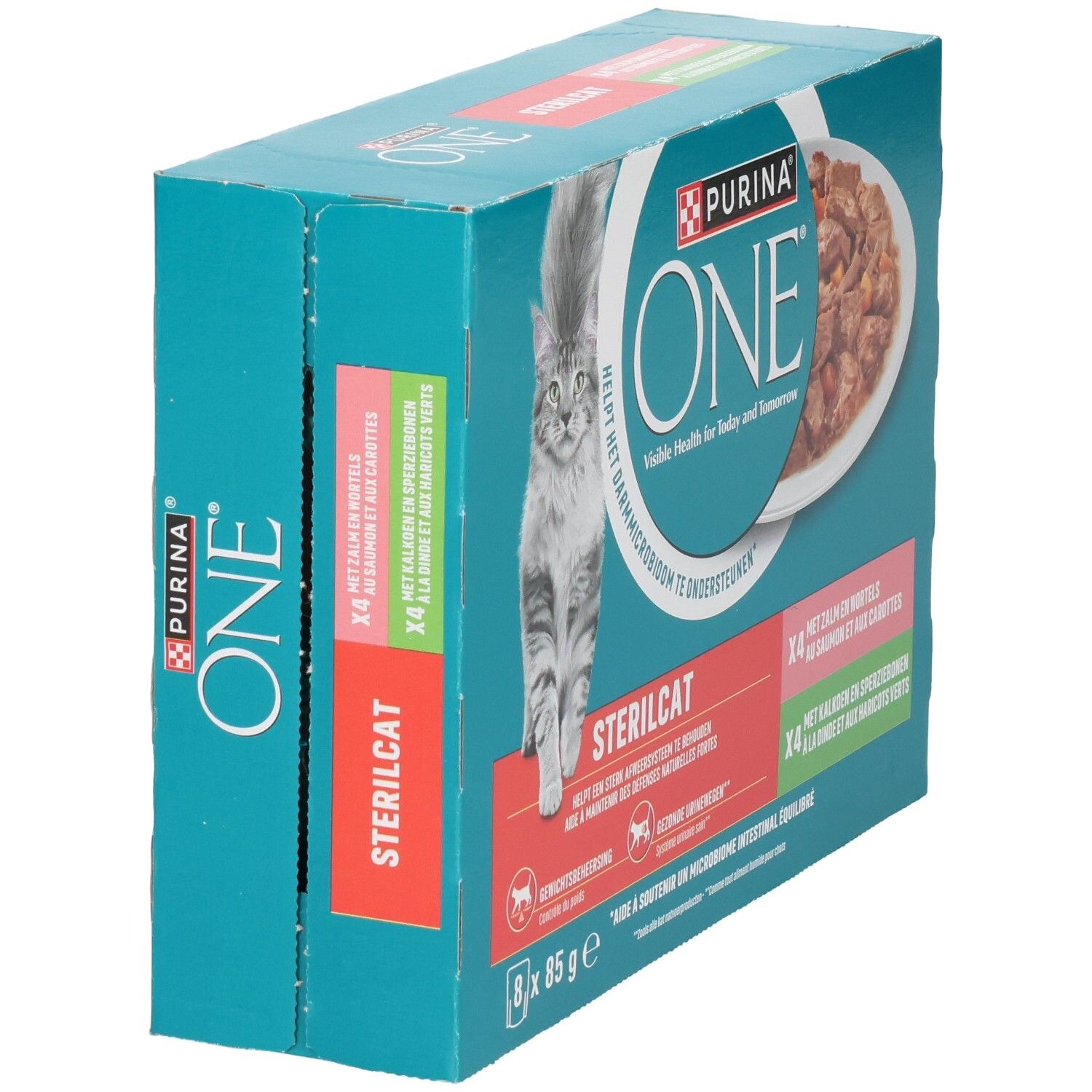 Boîte Purina ONE Sterilcat pour chats, vue latérale, 8 sachets de 85g.