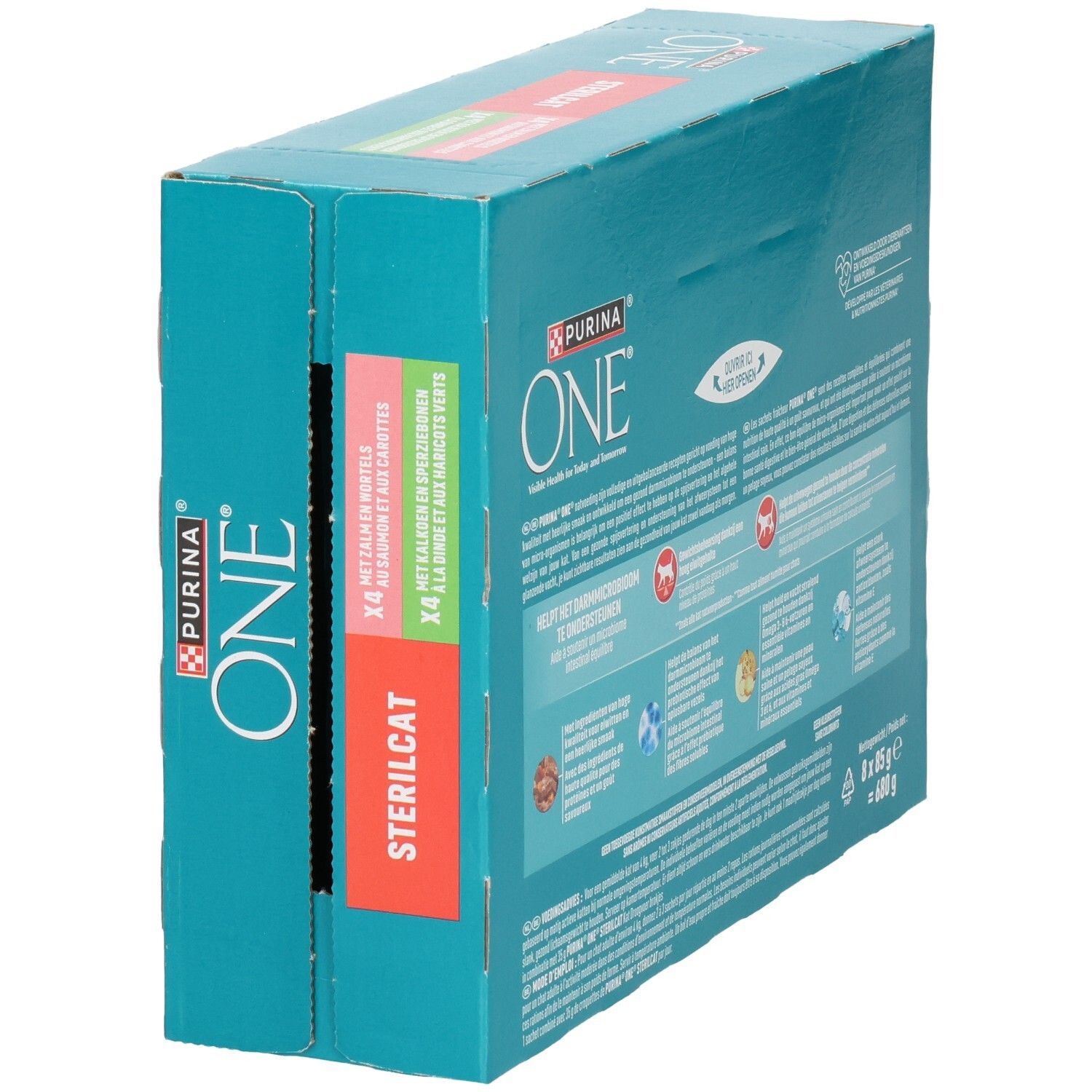 Boîte Purina ONE Sterilcat pour chats, vue en biais, 8 sachets de 85g.