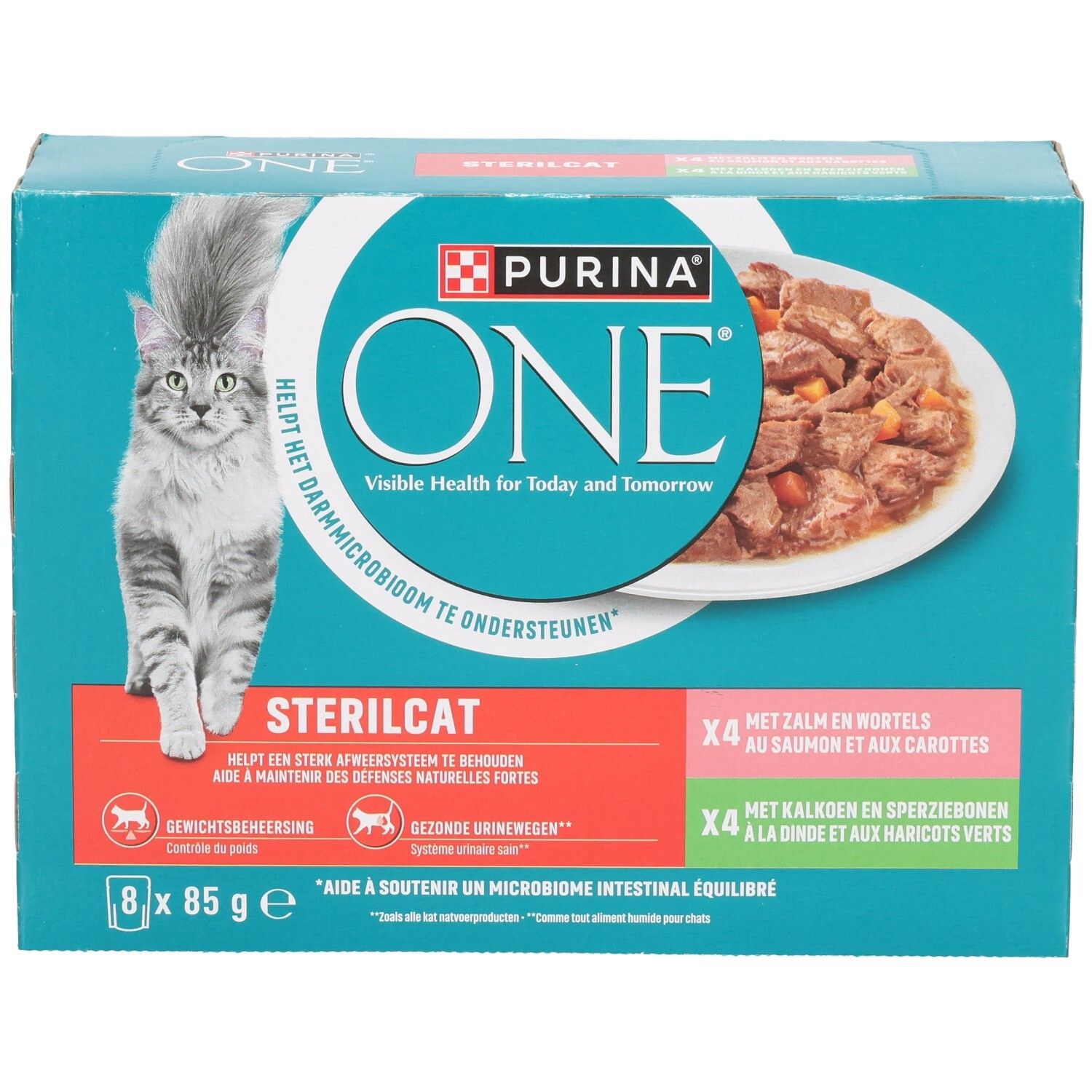 Boîte Purina ONE Sterilcat pour chats, 8 sachets de 85g, Saumon & Carottes.