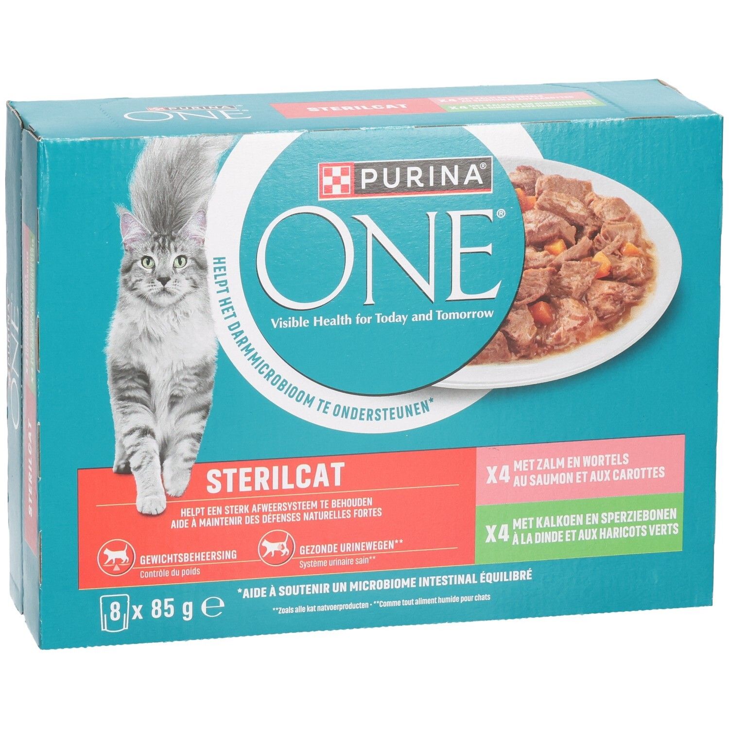 Boîte Purina ONE Sterilcat pour chats, 8 sachets de 85g, Saumon & Carottes.