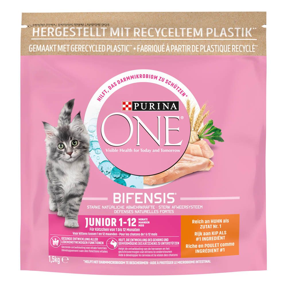 Nourriture pour chat Purina One Bifensis Junior au poulet, paquet de 1,5kg. Fabriqué à partir de plastique recyclé.