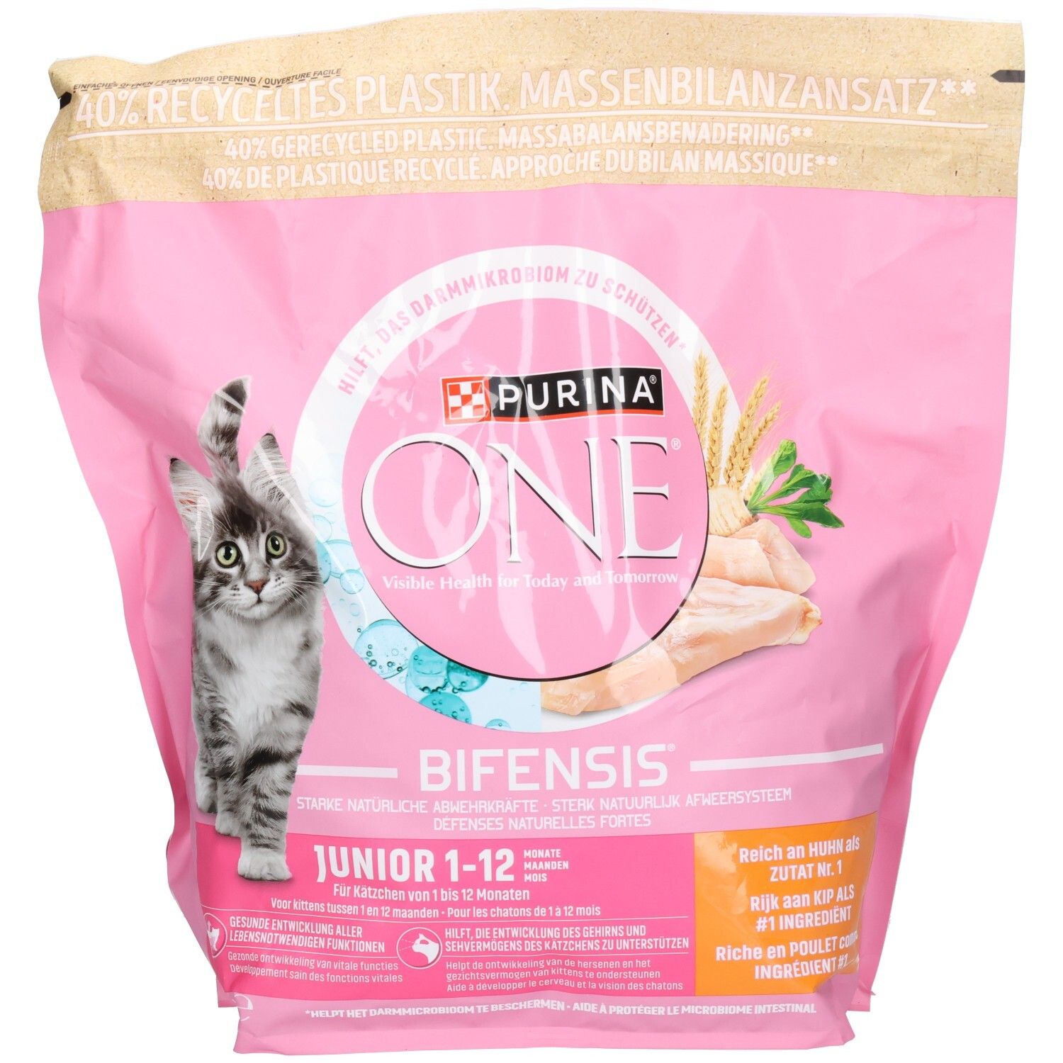 Sachet rose de nourriture pour chatons Purina One Bifensis Junior avec illustration de chaton et représentation de poulet.