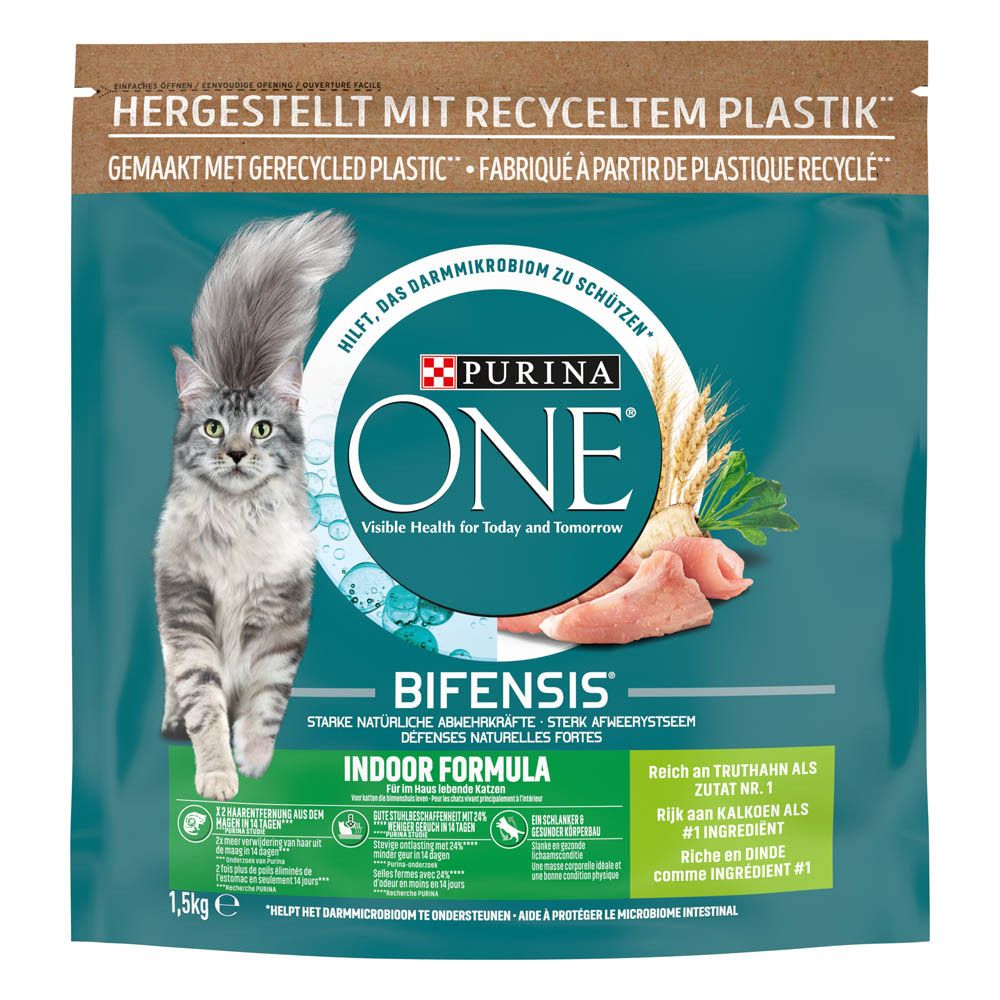 Dos d'un sac de nourriture pour chat Purina ONE Bifensis Indoor Formula avec informations nutritionnelles et ingrédients.