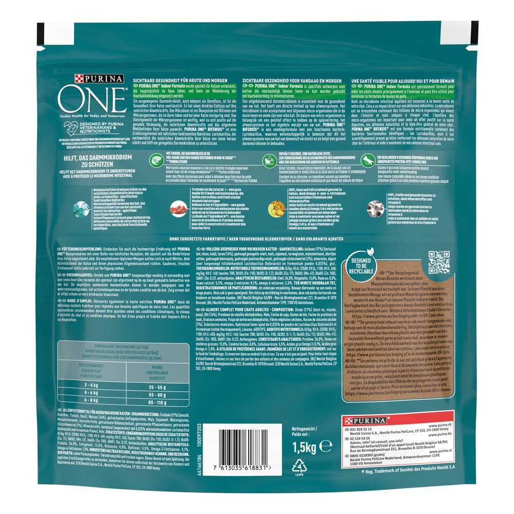 Purina ONE Bifensis Indoor Formula nourriture pour chat à la dinde, sac de 1,5 kg.