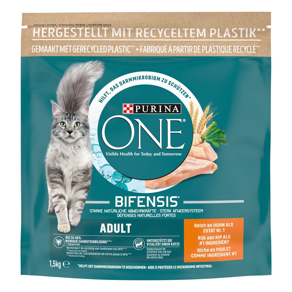 Purina ONE Adulte Poulet & haricots verts nourriture pour chat, sac de 1,5 kg avec chat et poulet.