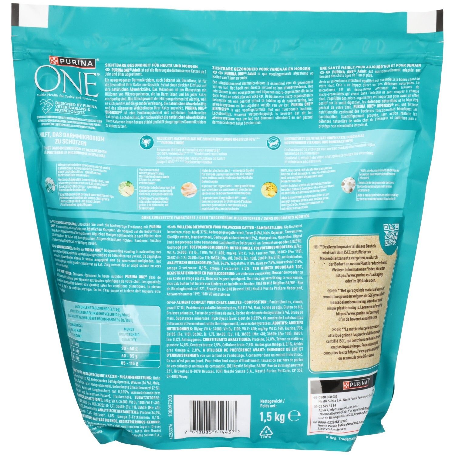 Arrière d'un sachet de nourriture pour chat Purina ONE Adulte Bifensis avec informations nutritionnelles et ingrédients. 1,5 kg.
