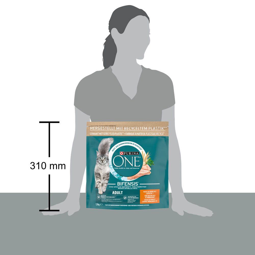 Sac de nourriture pour chat Purina ONE Adulte (1,5 kg) à côté d'une personne, hauteur 310 mm.
