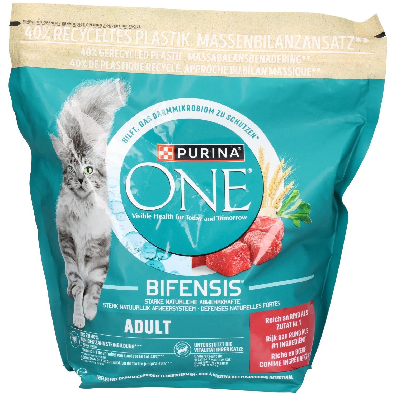 Purina ONE BIFENSIS Adult nourriture sèche pour chats au bœuf. Sac avec chat et morceaux de viande.