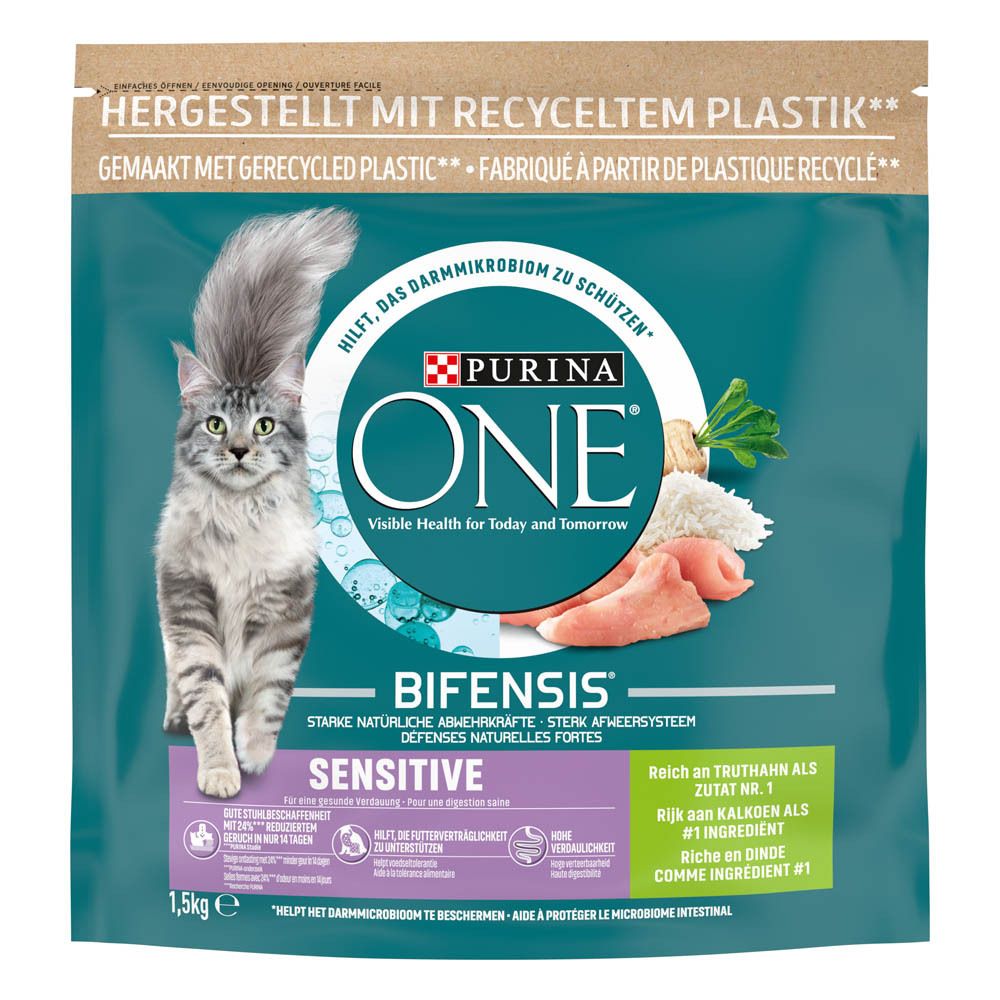 Sac de nourriture pour chat Purina ONE Bifensis Sensitive au poulet et riz. 1,5 kg.