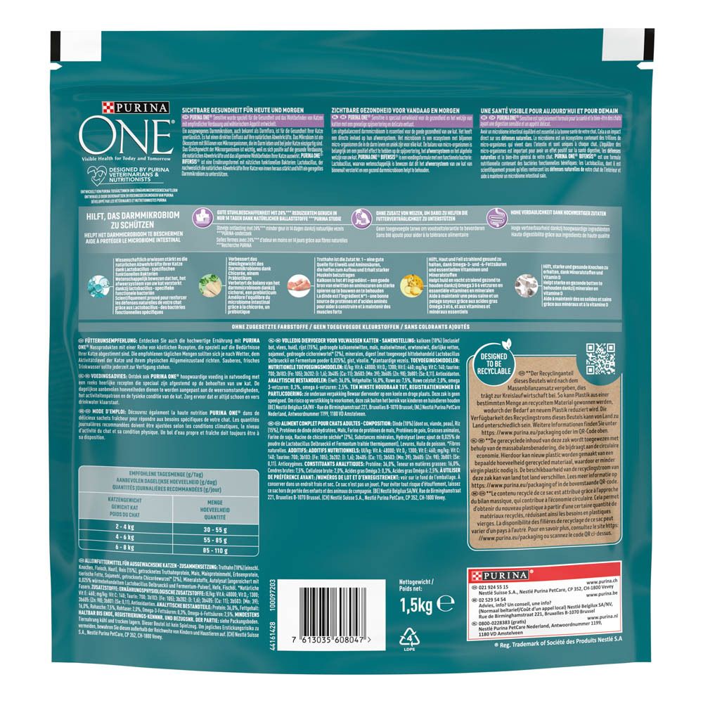 Arrière d'un sac de nourriture pour chat Purina ONE Bifensis Sensitive avec informations nutritionnelles et ingrédients. 1,5 kg.