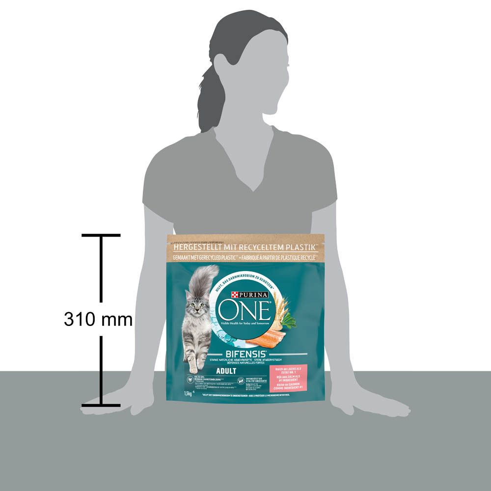 Nourriture pour chats Purina ONE BIFENSIS Adulte, sachet de 1,5kg, hauteur 310mm.