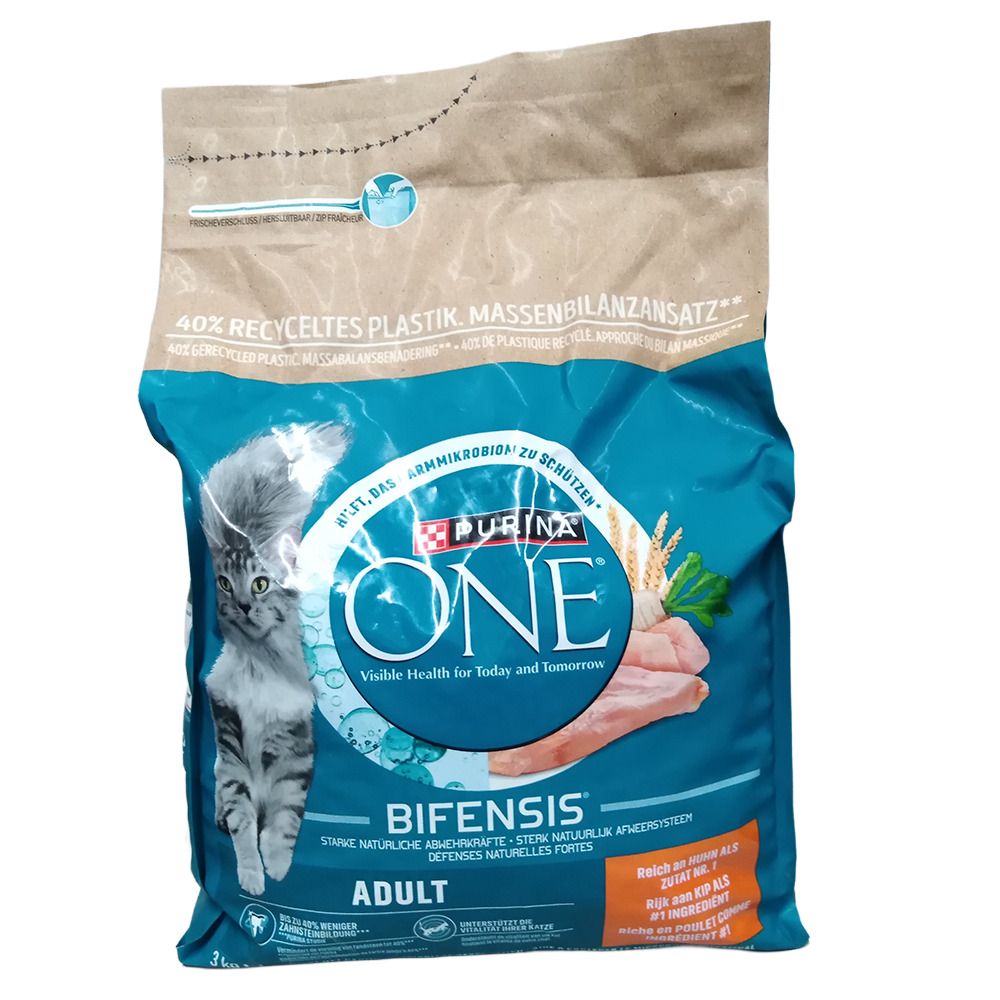 Nourriture pour chats Purina ONE Adulte avec Bifensis, sac de 2kg avec chat et poulet.
