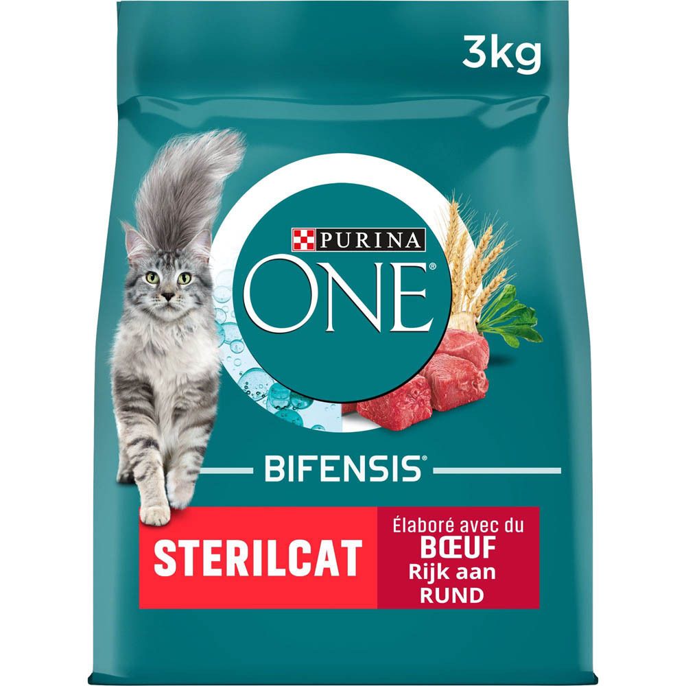 Purina One Sterilcat nourriture pour chat au bœuf, sac de 3kg avec image de chat et morceaux de bœuf.