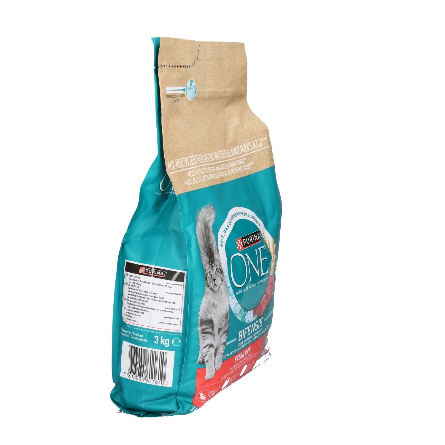 Vue latérale d'un sac de 3kg de croquettes Purina ONE Sterilcat pour chats, avec informations nutritionnelles.