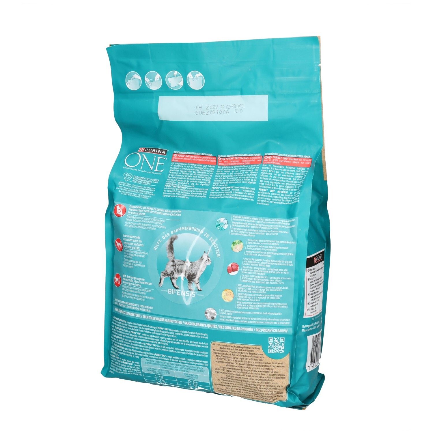Arrière d'un sac de 3kg de croquettes Purina ONE Sterilcat pour chats, avec instructions d'utilisation détaillées.