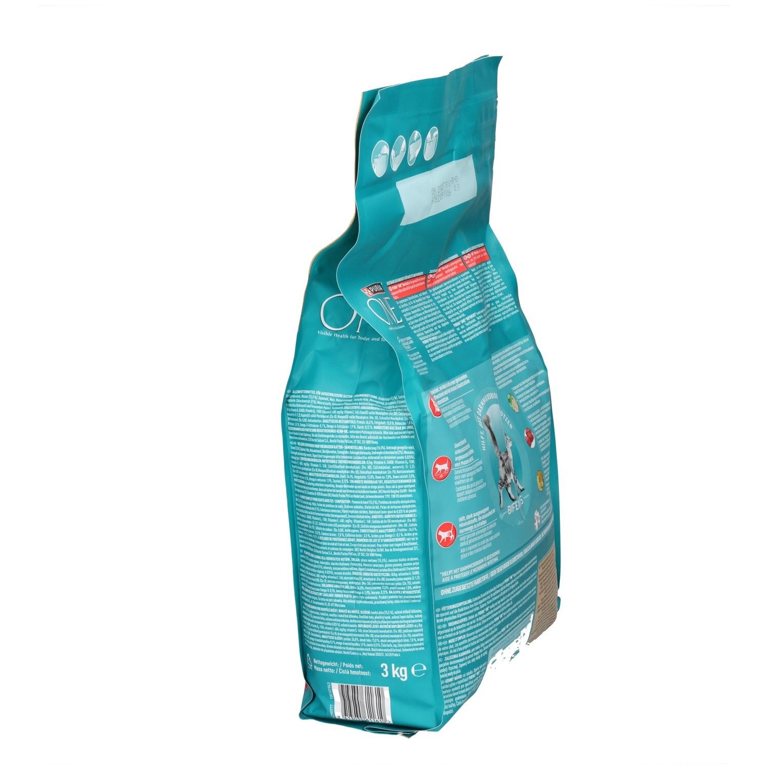 Vue latérale d'un sac de 3kg de croquettes Purina ONE Sterilcat pour chats, mettant l'accent sur l'emballage.