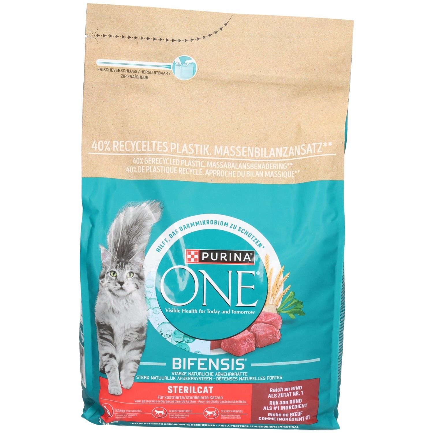Croquettes Purina ONE Sterilcat pour chats, 3kg, avec illustration de chat, morceaux de bœuf et céréales.