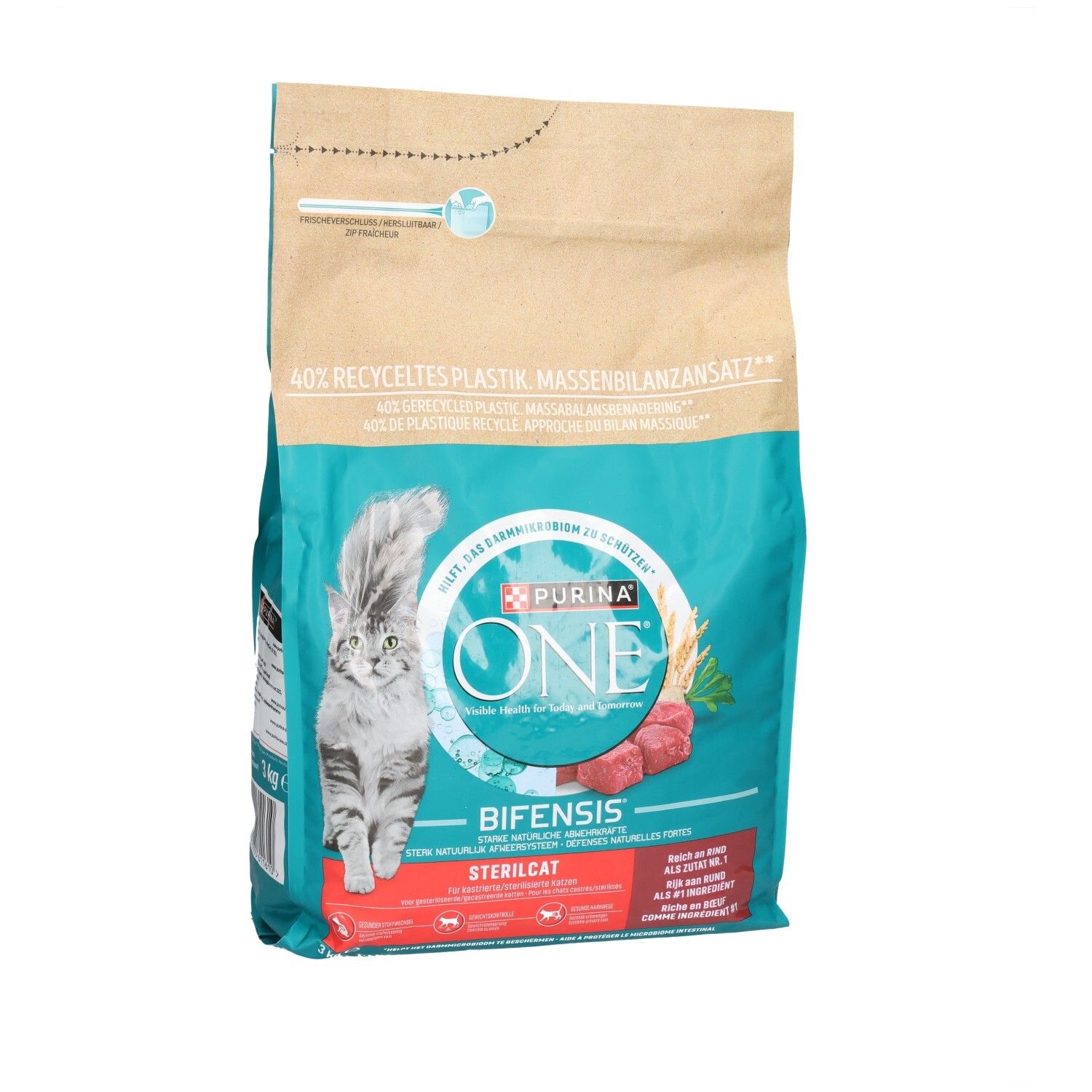Croquettes Purina ONE Sterilcat pour chats, 3kg, avec illustration de chat, morceaux de bœuf et céréales.