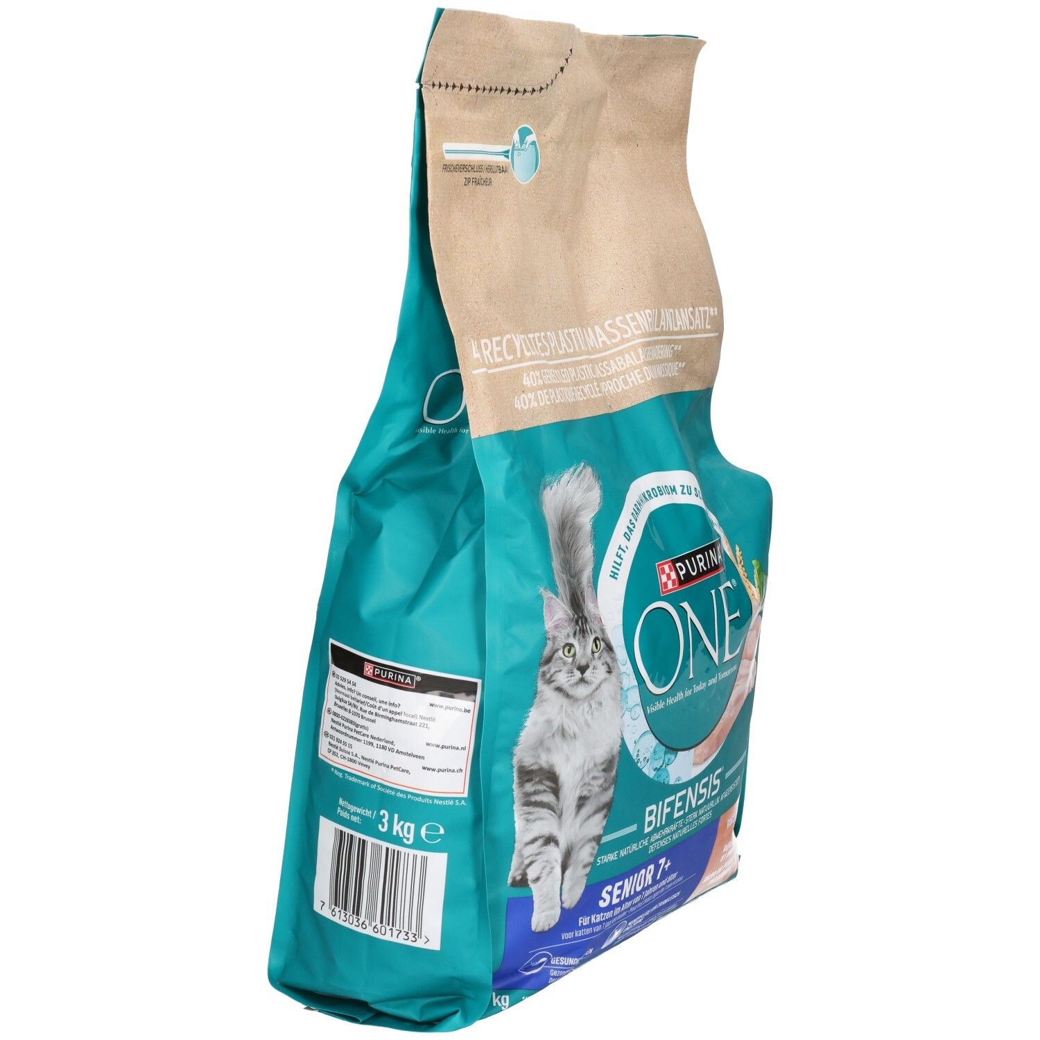 Sacs de 3 kg de nourriture pour chats Purina ONE Bifensis Senior 7+, vue latérale.